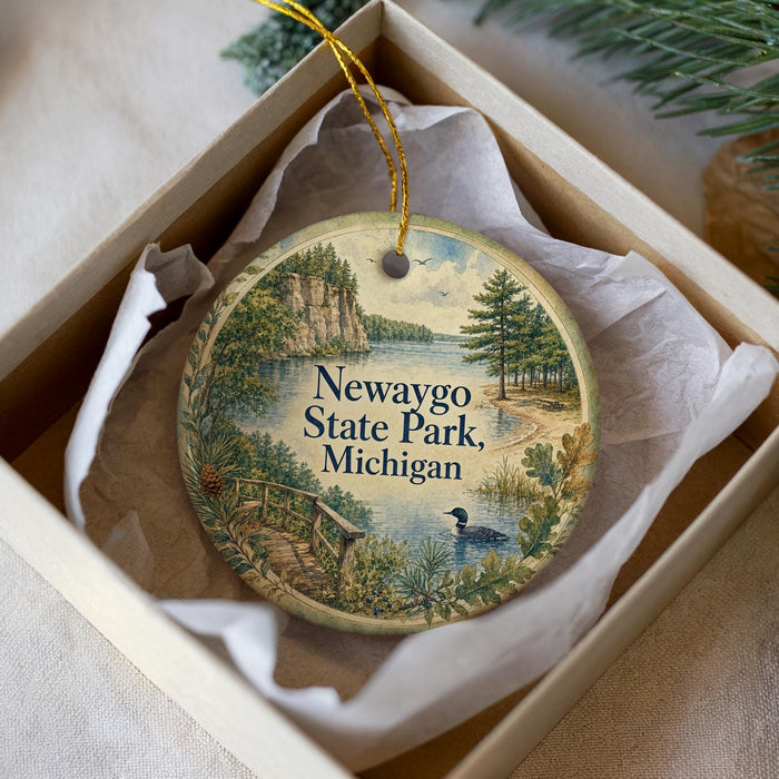 A decorative ornament in a box, featuring a scenic landscape with a lake, mountains, and a bird, along with the text "Newaygo State Park, Michigan".