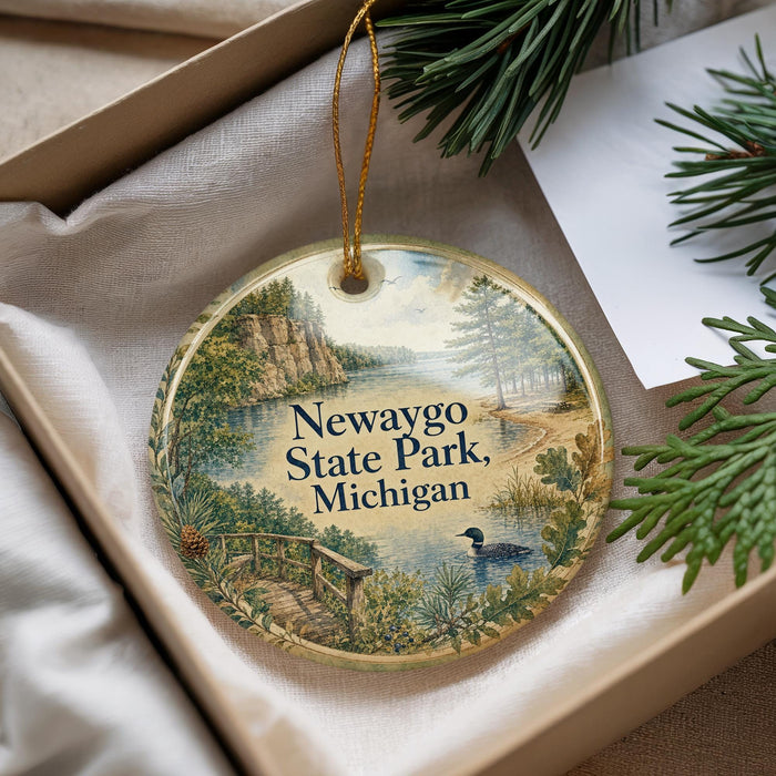 A decorative ornament with a scenic landscape of Newaygo State Park, Michigan, featuring a lake, a bridge, and pine trees.