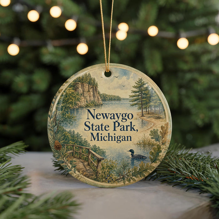 A round ornament with a scenic landscape of Newaygo State Park, Michigan, featuring a lake, a bridge, and a bird in flight.