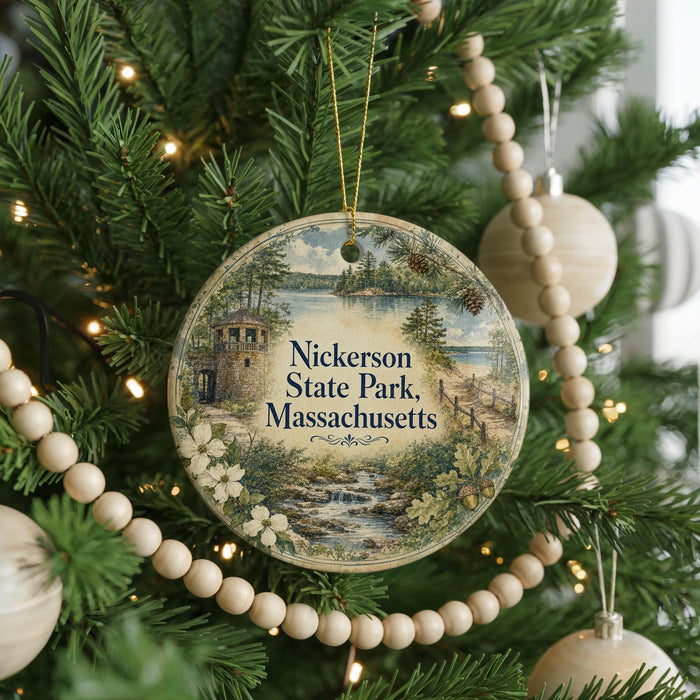 A round ornament hanging on a Christmas tree, featuring a scenic landscape with a castle, trees, and a stream.