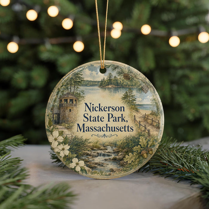 A round ornament with a scenic landscape of Nickerson State Park, Massachusetts, featuring a castle, trees, and a stream.