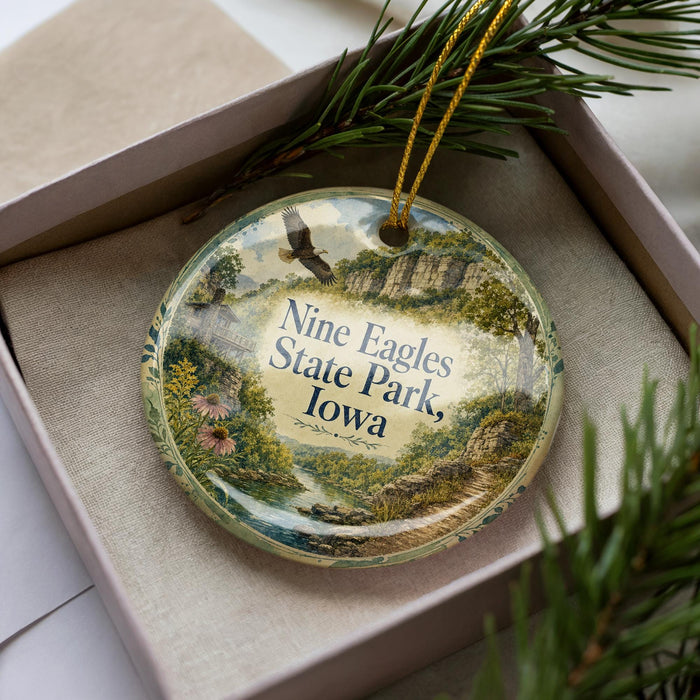 A decorative ornament in a box, featuring a scenic landscape with a river, mountains, and pine trees.