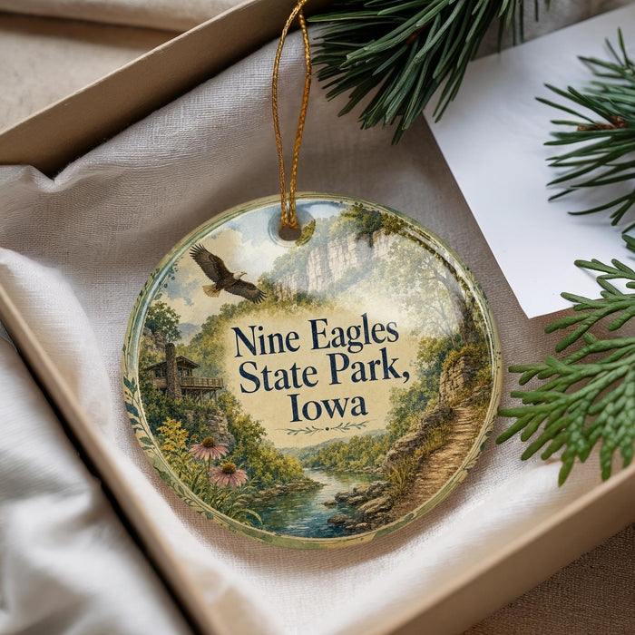 A decorative ornament with a scenic landscape of Nine Eagles State Park, Iowa, featuring a bird in flight, a river, and lush greenery.