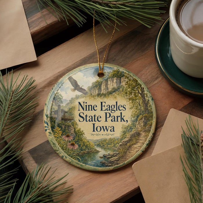 A decorative ornament with a scenic landscape of Nine Eagles State Park, Iowa, featuring a bird in flight and a river flowing through the forest.