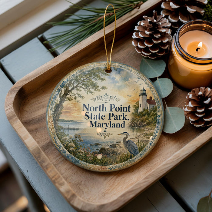 A decorative ornament featuring a lighthouse and a serene landscape, placed on a wooden tray alongside pine cones and a lit candle.