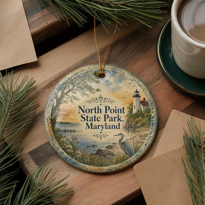 A decorative ornament featuring a lighthouse and a serene landscape, with the text "North Point State Park, Maryland" prominently displayed. The ornament is placed on a wooden surface, surrounded by pine branches and a cup of coffee.