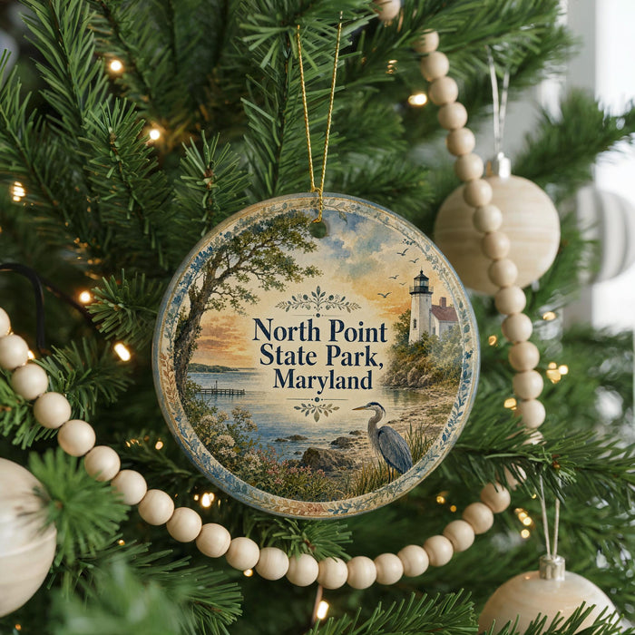 A round ornament hanging on a Christmas tree, featuring a scenic landscape with a lighthouse and a bird in the foreground.