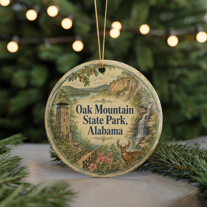 A round ornament with a scenic illustration of Oak Mountain State Park, Alabama, featuring a waterfall, a castle, and a deer.