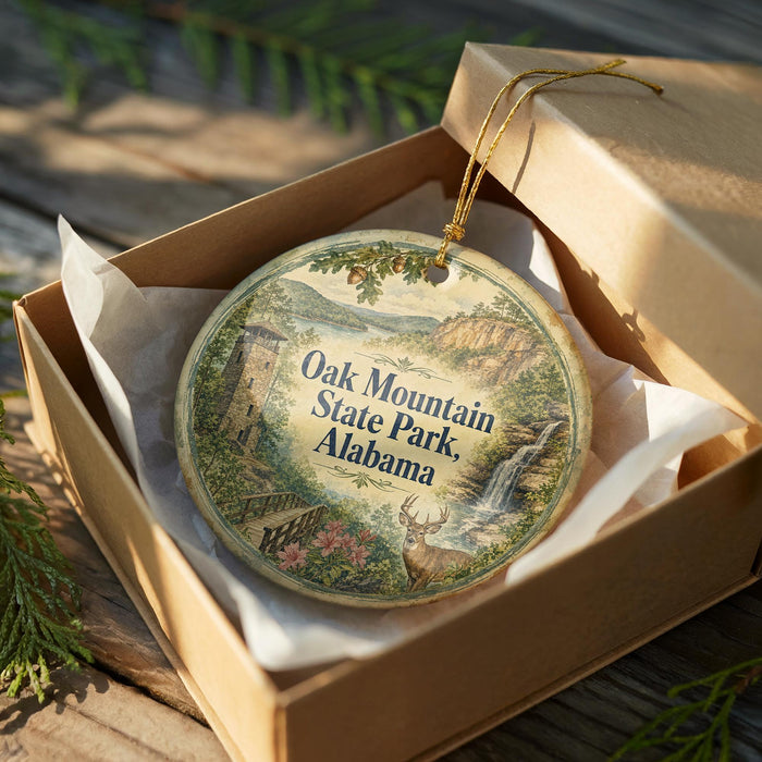 A decorative ornament in a wooden box, featuring a scenic landscape with a waterfall and a deer, with the text "OAK MOUNTAIN STATE PARK, ALABAMA" printed on it.