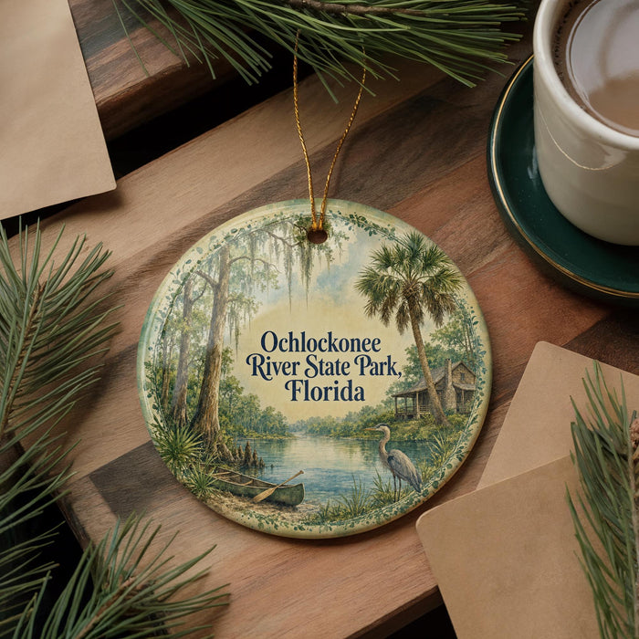 A round ornament with a painting of a river and palm trees, surrounded by greenery, is displayed on a wooden surface alongside a cup of coffee and some papers.