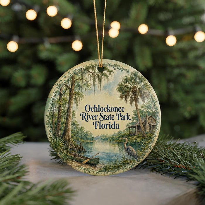 A circular ornament featuring a painting of a river, palm trees, and a bird, with the text "Ochlockonee River State Park, Florida" displayed on it.