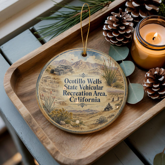 A wooden tray with a decorative ornament featuring a desert landscape and a vehicle, along with pine cones and a lit candle.