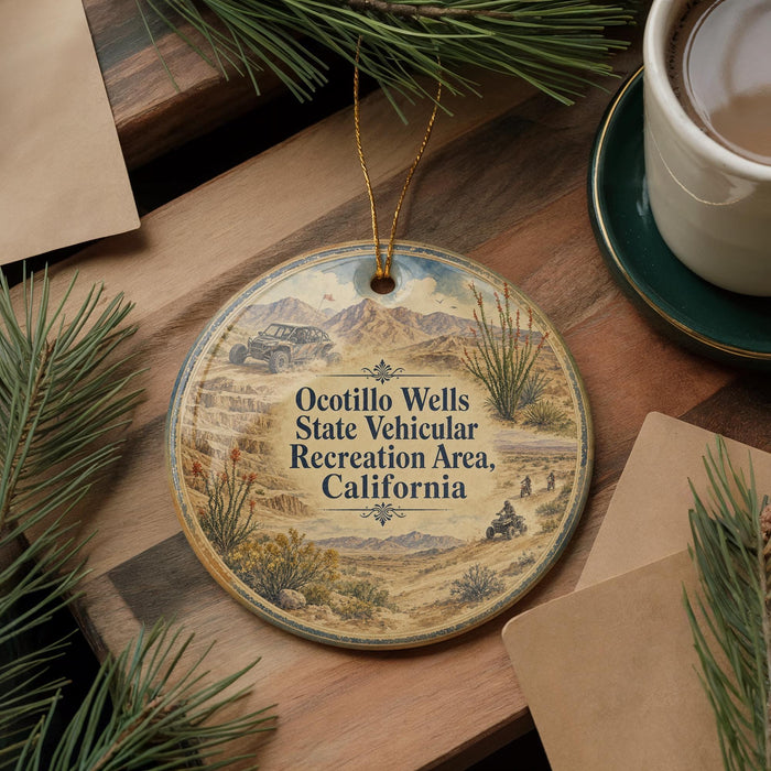 A circular ornament with a desert landscape and a vehicle, hanging on a wooden surface.