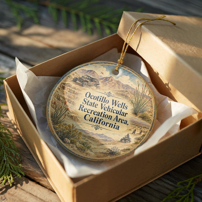 A round ornament with a desert landscape and a vehicle is displayed in a wooden box, with a string hanging from the top.