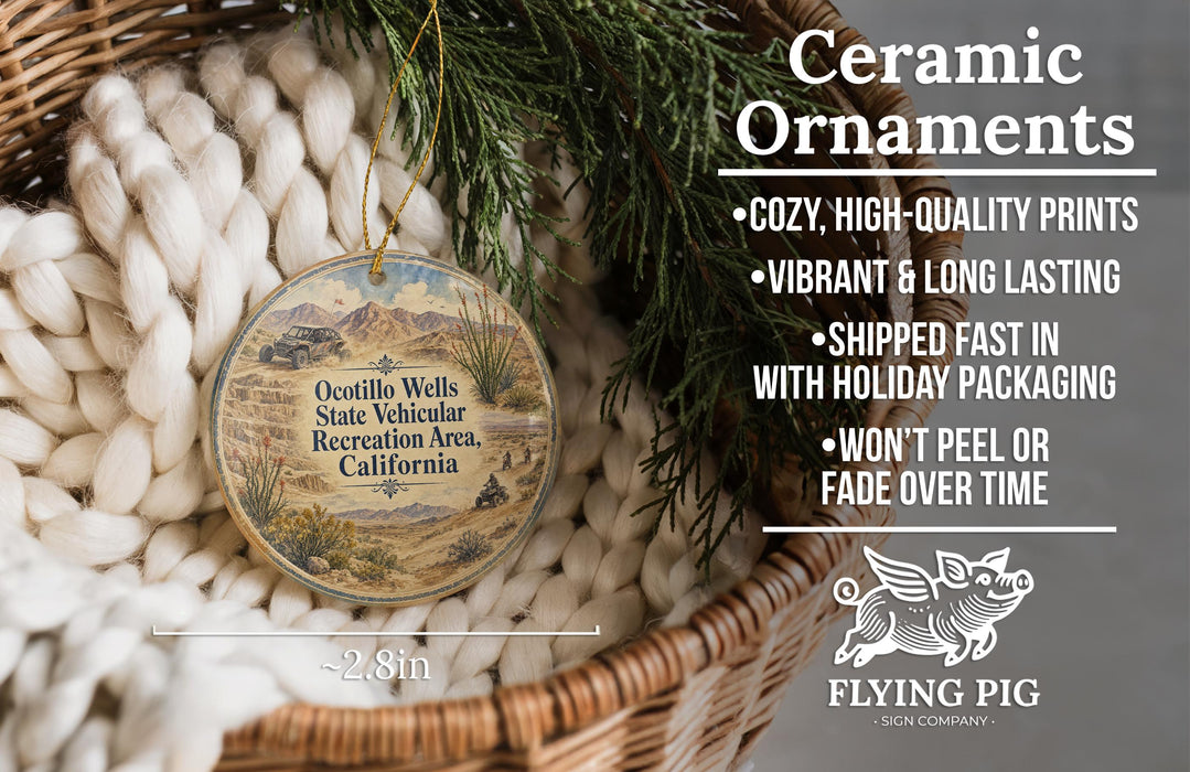 Ceramic ornaments, featuring a design of a vehicle and desert landscape, are displayed in a woven basket.