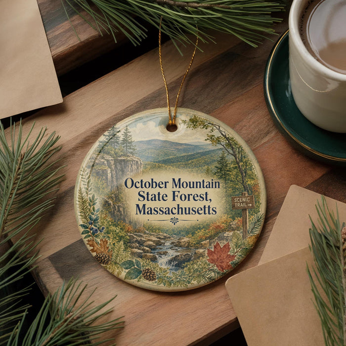 a decorative ornament with a scenic mountain landscape, including pine trees, a waterfall, and a sign indicating the October Mountain State Forest in Massachusetts.