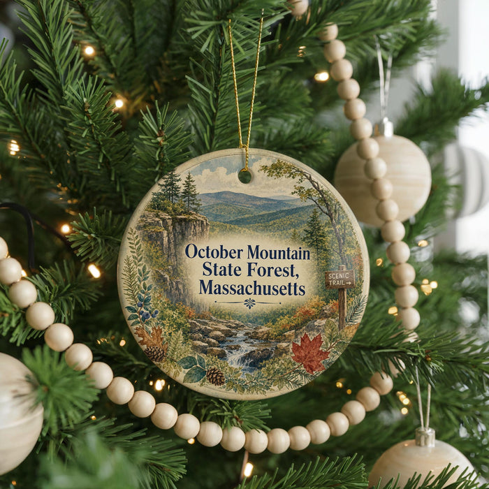 A Christmas tree decorated with ornaments, including a circular ornament with a scenic mountain landscape and text that reads "October Mountain State Forest, Massachusetts".