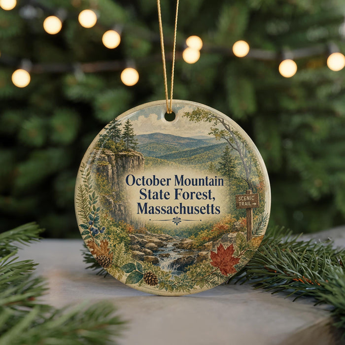 A decorative ornament featuring a scenic mountain landscape with pine trees, a waterfall, and a sign for the October Mountain State Forest in Massachusetts.