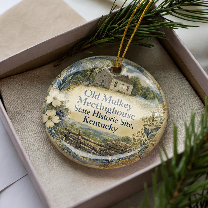 A decorative ornament in a box, featuring a house and trees, with the text "Old Mulkey Meetinghouse State Historic Site, Kentucky" printed on it.