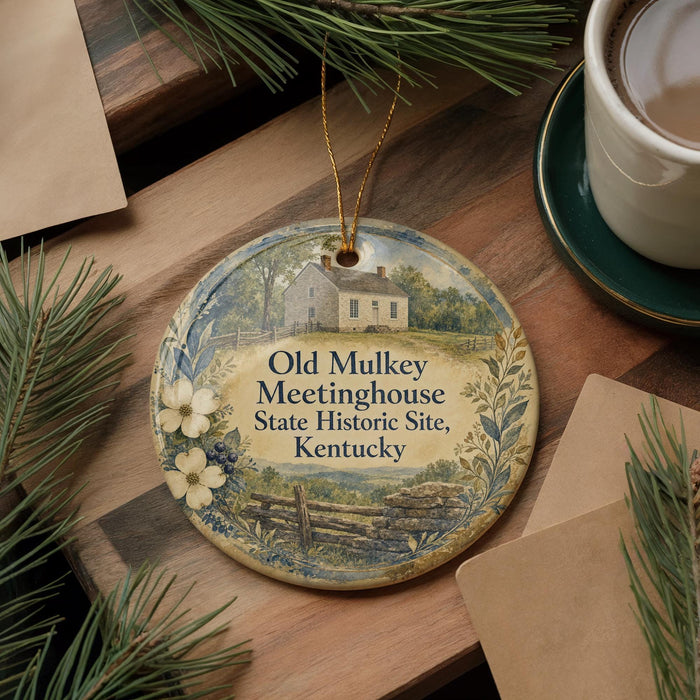 A decorative ornament featuring a house and trees, with text that reads "Old Mulkey Meetinghouse State Historic Site, Kentucky".