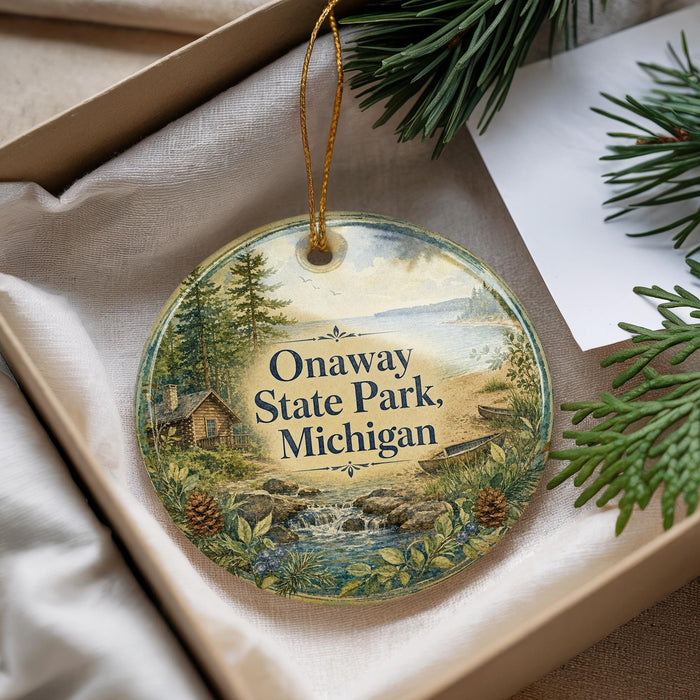 A decorative ornament with a scenic landscape of Onaway State Park, Michigan, featuring pine trees, a cabin, and a stream.