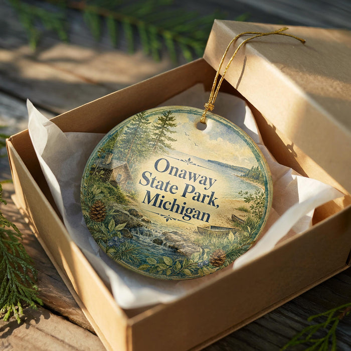 A round ornament in a brown box, featuring a scenic landscape with pine trees, a lake, and mountains, with the text "Onaway State Park, Michigan" printed on it.