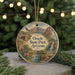 A circular ornament featuring a scenic landscape of Oracle State Park, Arizona, with a bird flying over a waterfall and a small cabin in the background.