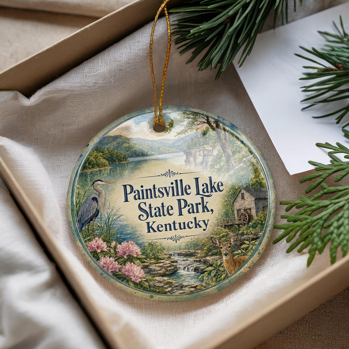A decorative ornament with a scenic landscape of Paintsville Lake State Park, Kentucky, featuring a bird, flowers, and a deer.