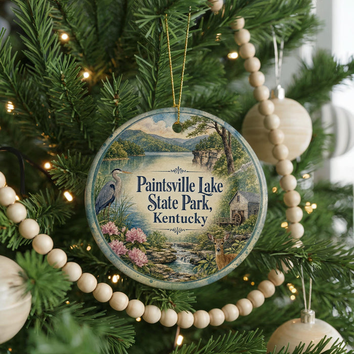 A round ornament hanging on a Christmas tree, featuring a scenic image of Paintsville Lake State Park, Kentucky.