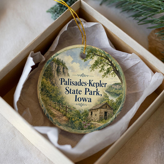 A decorative ornament in a box, featuring a scenic landscape with a house and trees, along with the text "Palisades-Kepler State Park, Iowa".