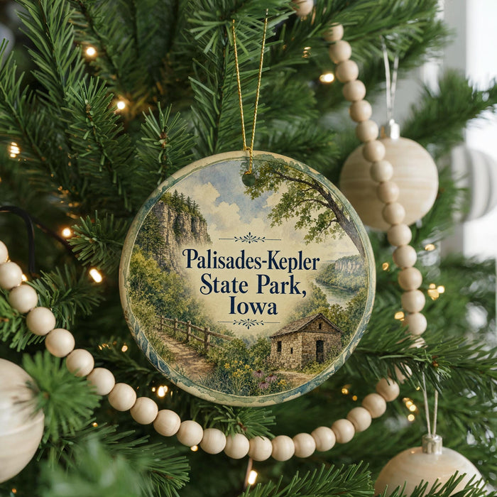 A round ornament hanging on a Christmas tree, featuring a scenic landscape with a path leading to a cabin.
