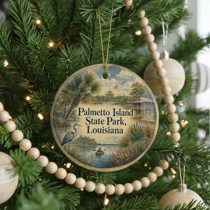 A round ornament hanging on a Christmas tree, featuring a scenic image of palm trees, a bird, and a body of water.