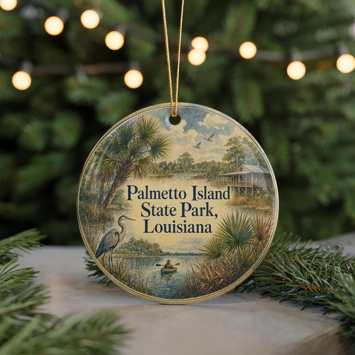 A circular ornament with a painting of palm trees, a bird, and a house, along with the text "Palmetto Island State Park, Louisiana" on it.