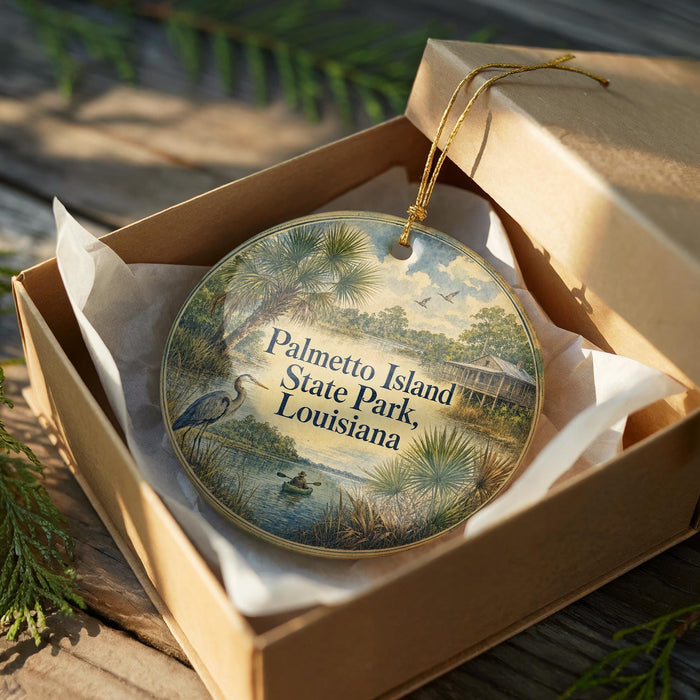 A decorative ornament in a box, featuring a scenic image of Palmetto Island State Park in Louisiana.