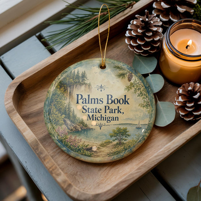 A decorative ornament with a scenic landscape of state park, Michigan, featuring pine cones, a candle, and greenery.