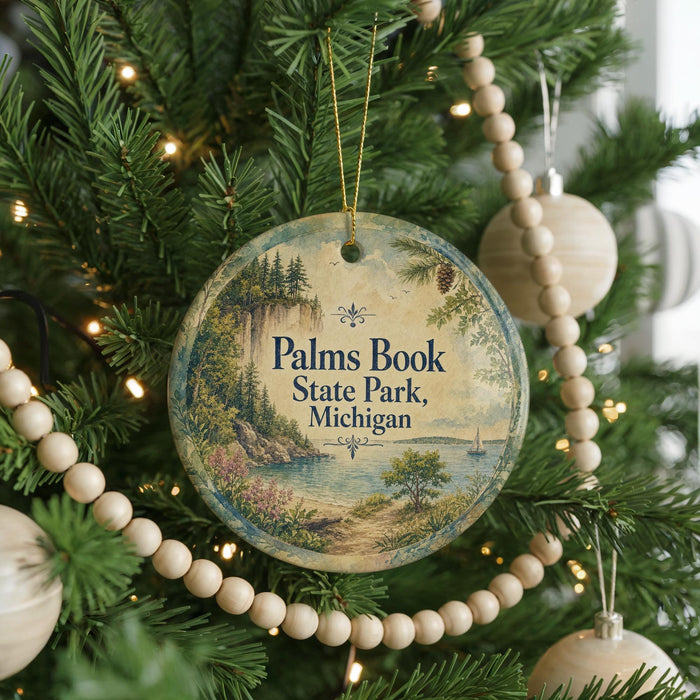 A round ornament hanging on a Christmas tree, featuring a scenic landscape with a lake and mountains.