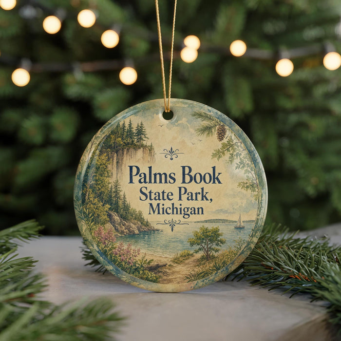 A round ornament with a scenic landscape of a lake, mountains, and pine trees, featuring the text "Palms Book State Park, Michigan" on it.