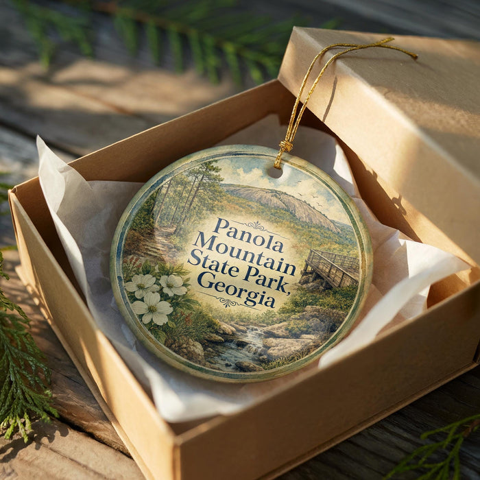 A decorative ornament in a wooden box, featuring a scenic landscape with mountains, trees, and a stream.
