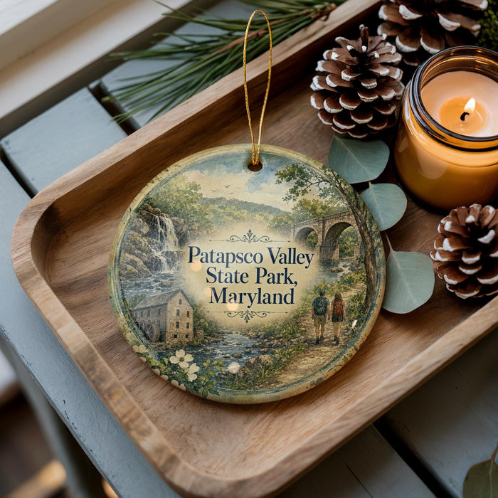 A decorative ornament featuring a scenic image of Patapsco Valley State Park, Maryland, with a candle and pine cones on a wooden tray.