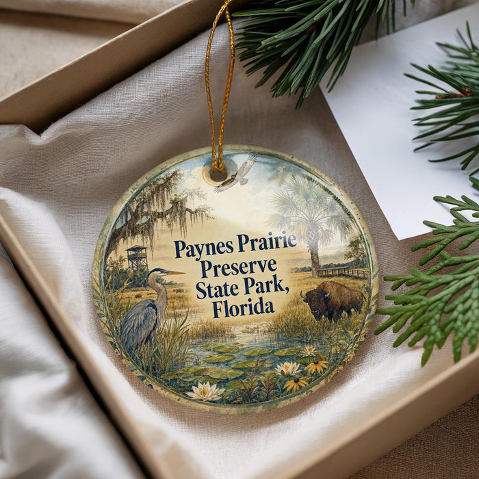 A decorative ornament with a bird and a bison, featuring the text "Paynes Prairie Preserve State Park, Florida" on it, is displayed in a box with pine branches.