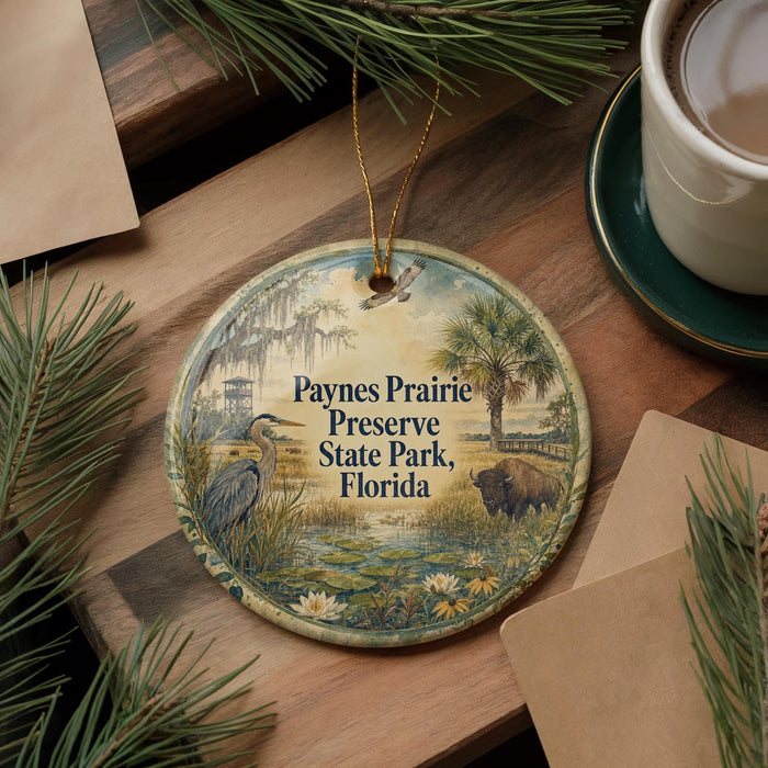 A decorative ornament with a bird and a buffalo, surrounded by pine branches and a cup of coffee, placed on a wooden surface.