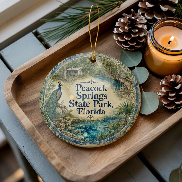 A decorative ornament featuring a peacock and the text "Peacock Springs State Park, Florida" is displayed on a wooden tray, accompanied by pine cones and a lit candle.