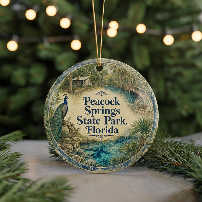 A circular ornament with a peacock and a scenic view of the springs and state park in Florida, hanging from a string.