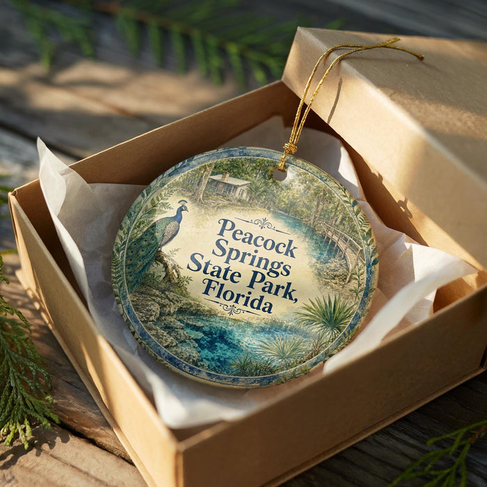 A decorative ornament in a wooden box, featuring a scenic image of Peacock Springs State Park in Florida.