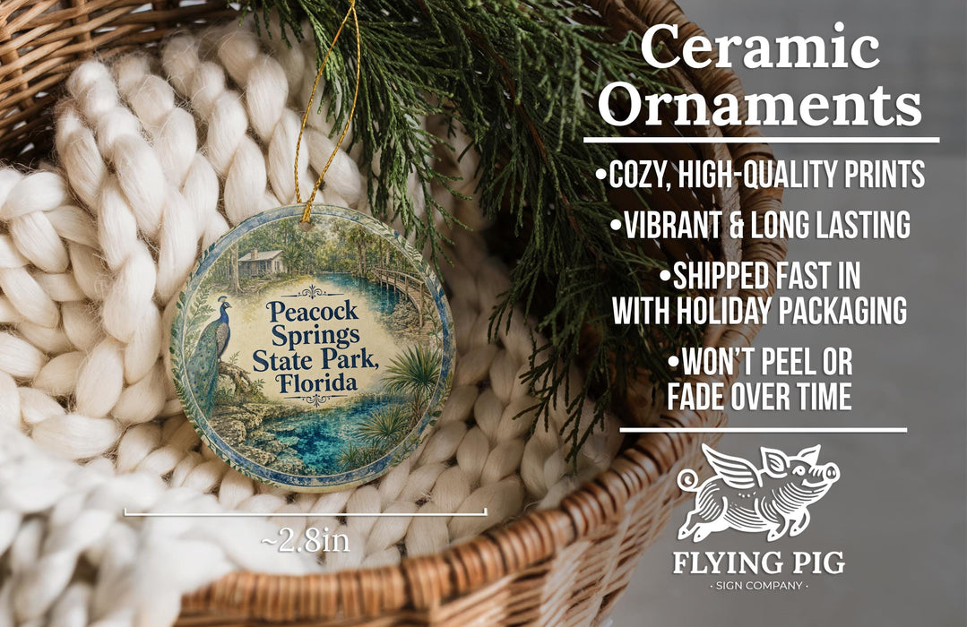 Ceramic ornaments, featuring a round ornament with a peacock and palm tree design, hanging from a wicker basket.