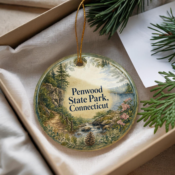 A decorative ornament with a scenic landscape of Penwood State Park, Connecticut, featuring a winding path, pine trees, and a river.