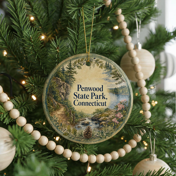 A round ornament on a Christmas tree, featuring a scenic landscape with a winding path, pine trees, and a body of water.