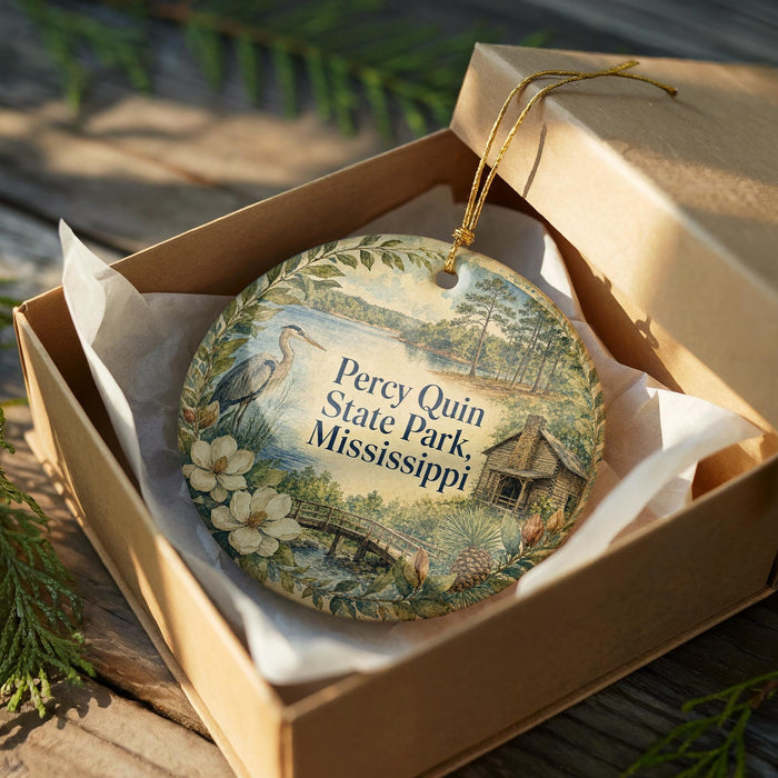 A decorative ornament in a box, featuring a scenic image of a park with a lake, trees, and a cabin.