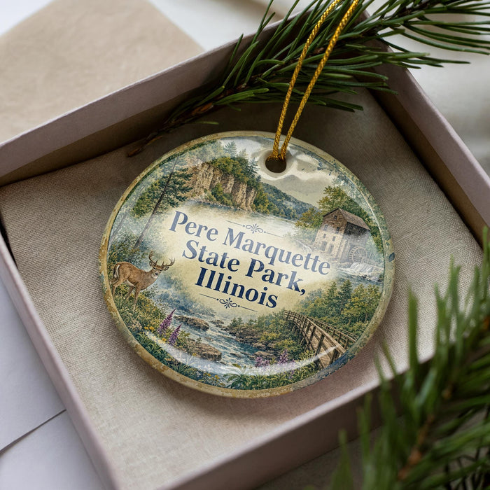 A decorative ornament in a box, featuring a scenic image of the state park in Illinois.