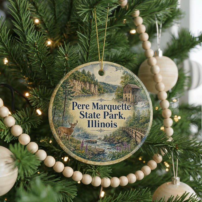 A round ornament hanging on a Christmas tree, featuring a scenic image of a park with a river and a cabin.